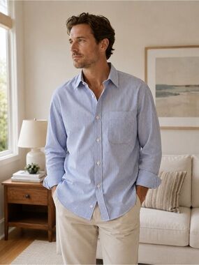 Eddie Bauer Blue Stripe Wrinkle Resistant Button Down Shirt Large